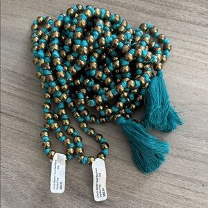 Teal and Gold Beaded Necklace with Tassels